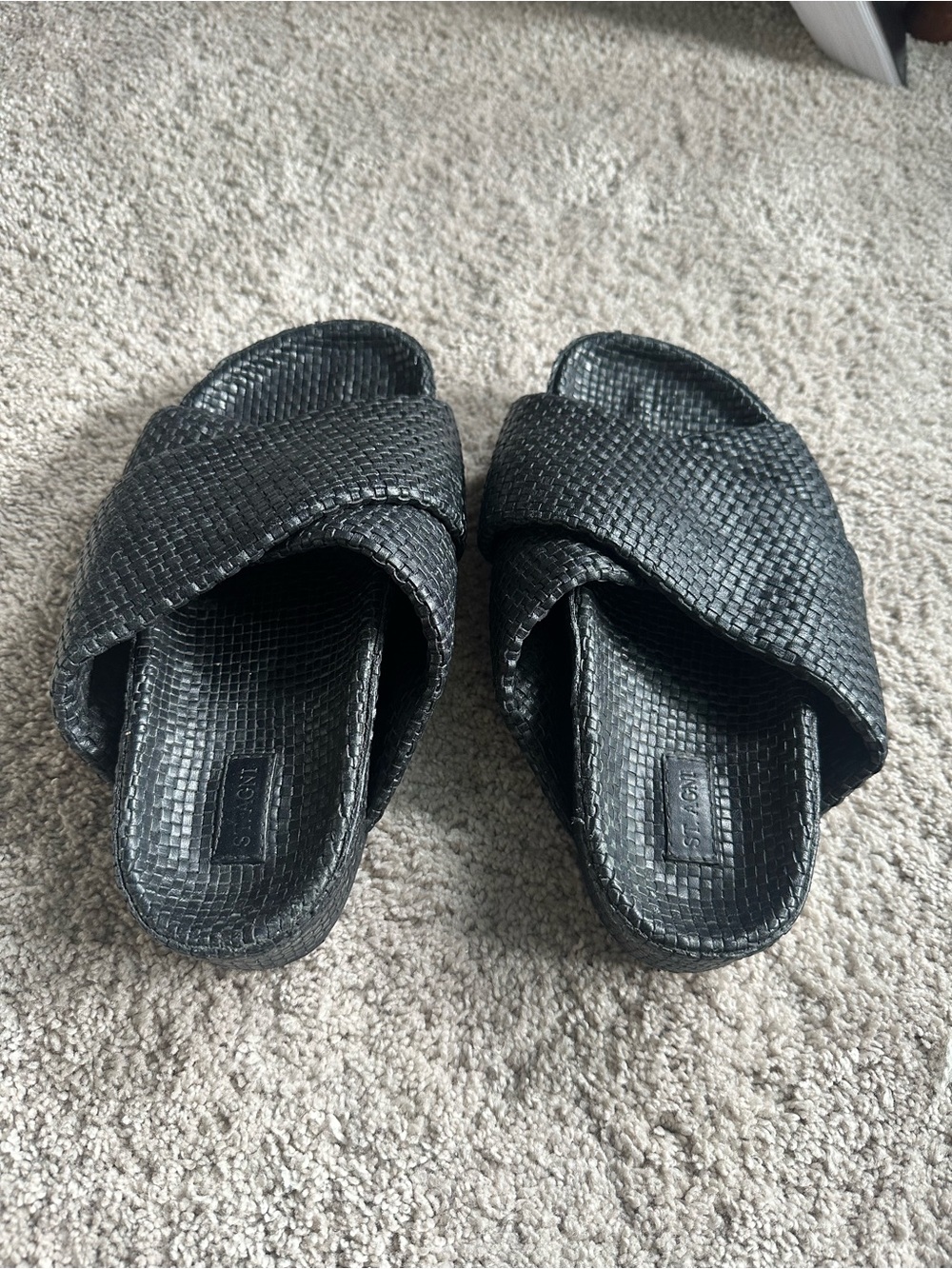 St Agni Black Woven Leather Slide Sandals